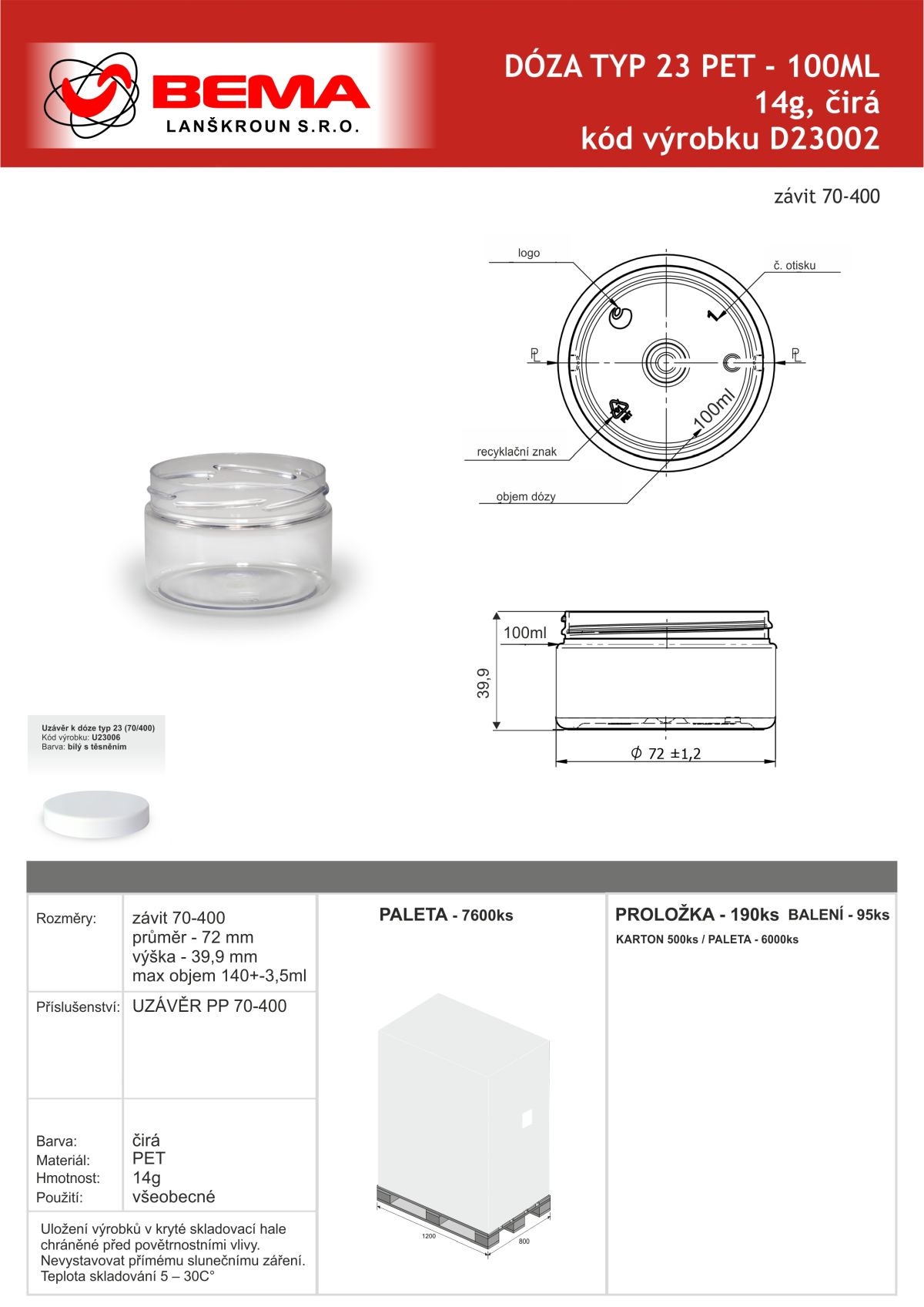 D23002 Doza PET 100ml čirá 70-400 24-6-2026